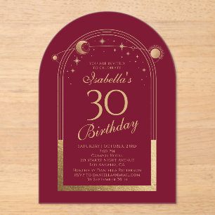 Celestial Red Gold Sun Moon Stars 30th Birthday Acrylic Invitations