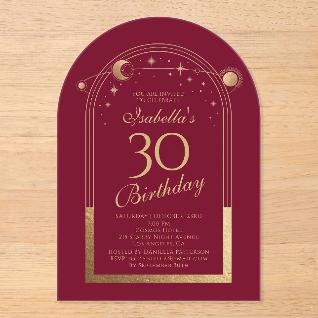 Celestial Red Gold Sun Moon Stars 30th Birthday Acrylic Invitations (Front)