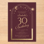 Celestial Red Gold Sun Moon Stars 30th Birthday Acrylic Invitations<br><div class="desc">Celestial Red Gold Sun Moon Astronomy 30th Birthday Acrylic Invitations features an elegant gold sun, moon and stars with a golden frame on a deep pink-red background. Inside is your custom thirtieth birthday invitation information. Personalise by editing the text in the text boxes. Designed for you by Evco Studio www.zazzle.com/store/evcostudio...</div>