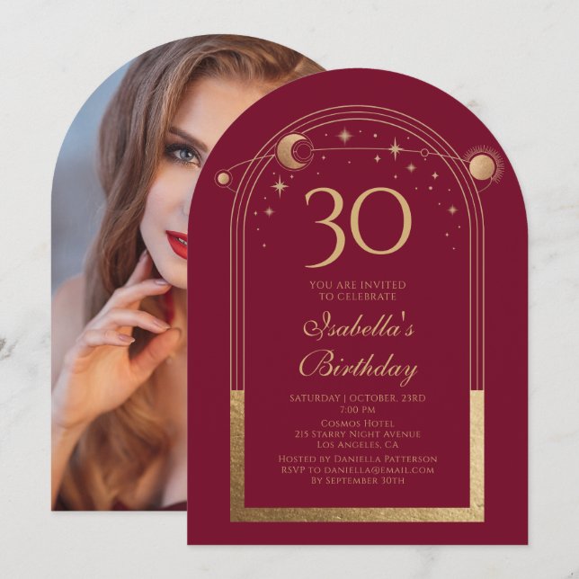 Celestial Red Gold Sun Moon Stars 30th Birthday Invitation (Front/Back)