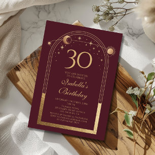 Celestial Red Gold Sun Moon Stars 30th Birthday Invitation