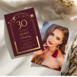 Celestial Red Gold Sun Moon Stars 30th Birthday Invitation<br><div class="desc">Celestial Red Gold Sun Moon Astronomy 30th Birthday Photo Invitations features an elegant gold sun,  moon and stars with a golden frame on a deep pink-red background. Inside is your custom thirtieth birthday invitation information. On the reverse add your favourite photo. Designed for you by Evco Studio www.zazzle.com/store/evcostudio</div>
