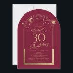Celestial Red Gold Sun Moon Stars 30th Birthday Invitation<br><div class="desc">Celestial Red Gold Sun Moon Astronomy 30th Birthday Invitations features an elegant gold sun,  moon and stars with a golden frame on a red background. Inside is your custom thirtieth birthday invitation information. Personalise by editing the text in the text boxes. Designed for you by Evco Studio www.zazzle.com/store/evcostudio</div>