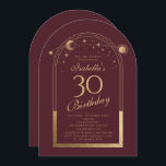 Celestial Red Gold Sun Moon Stars 30th Birthday Invitation<br><div class="desc">Celestial Red Gold Sun Moon Astronomy 30th Birthday Invitations features an elegant gold sun,  moon and stars with a golden frame on a deep pink-red background. Inside is your custom thirtieth birthday invitation information. Personalise by editing the text in the text boxes. Designed for you by Evco Studio www.zazzle.com/store/evcostudio</div>