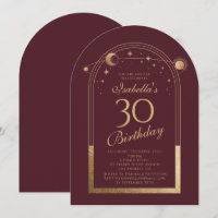 Celestial Red Gold Sun Moon Stars 30th Birthday