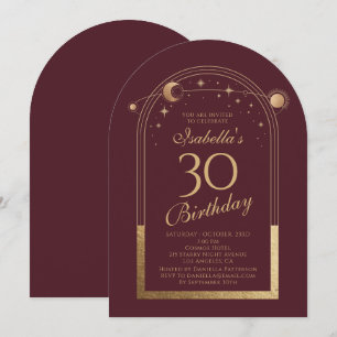 Celestial Red Gold Sun Moon Stars 30th Birthday Invitation