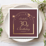 Celestial Red Gold Sun Moon Stars 30th Birthday Napkin<br><div class="desc">Celestial Red Gold Sun Moon Astronomy 30th Birthday Paper Napkins features an elegant gold sun,  moon and stars with a golden frame on a deep pink-red background. Inside is your custom thirtieth birthday information. Personalise by editing the text in the text boxes. Designed for you by Evco Studio www.zazzle.com/store/evcostudio</div>