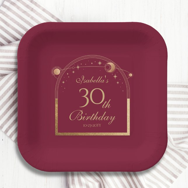 Celestial Red Gold Sun Moon Stars 30th Birthday Paper Plate (Creator Uploaded)