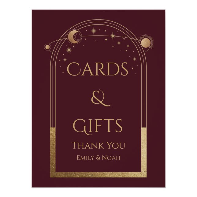 Celestial Red Gold Sun Moon Stars Cards & Gifts Poster (Front)