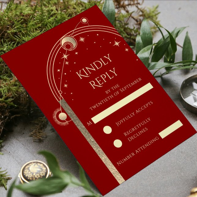 Celestial Red Gold Sun Moon Stars Wedding RSVP Card (Creator Uploaded)