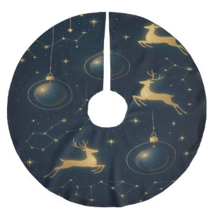 Celestial Reindeer and Golden Star Ornaments Brushed Polyester Tree Skirt