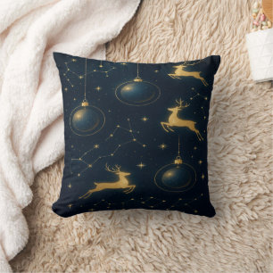 Celestial Reindeer and Golden Star Ornaments Cushion