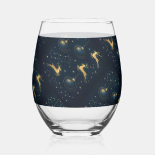 Celestial Reindeer and Golden Star Ornaments Stemless Wine Glass