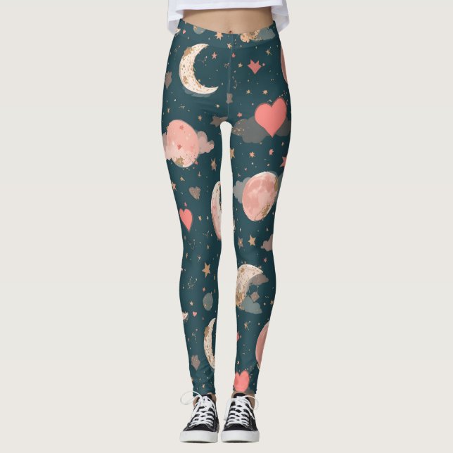 Celestial Romance Dreamy Moon & Stars Valentine Se Leggings (Front)