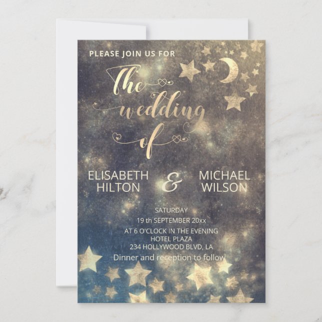 Celestial romantic moon and stars calligraphy gold invitation (Front)