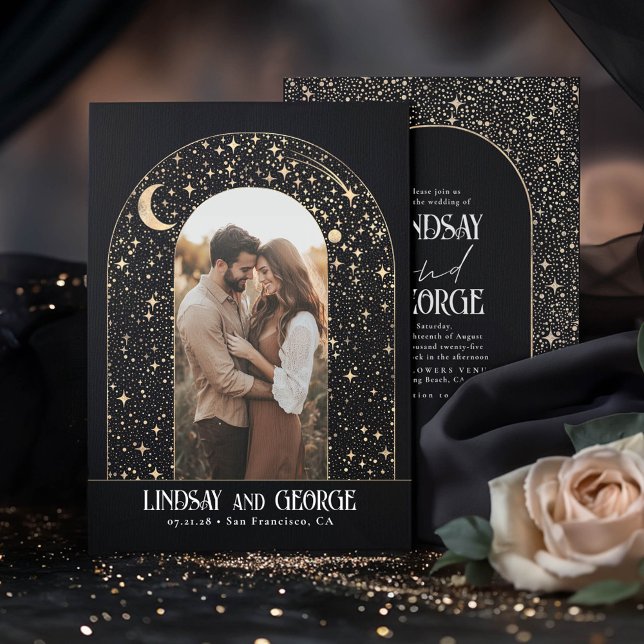 Celestial Romantic Night Stars Wedding Photo Invitation (Celestial Modern Black Wedding Photo Invitations)