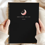 Celestial Rose Gold Crescent Moon Stars Logo Planner<br><div class="desc">Celestial Rose Gold Crescent Moon Stars Logo Planner. This elegant modern trendy business design features a moon and stars on a solid black background. Personalise this custom design with your own details.</div>