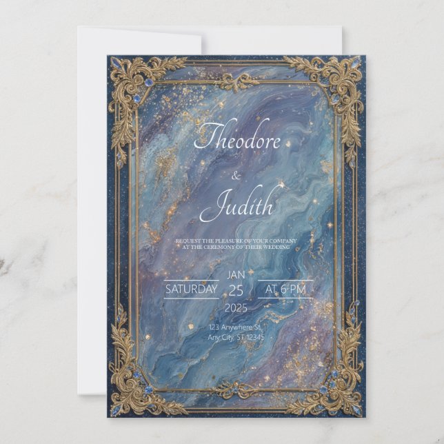 Celestial Sapphire & Gold Galaxy Wedding Invitatio Invitation (Front)