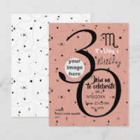 celestial Scorpio sign black stars birthday invite