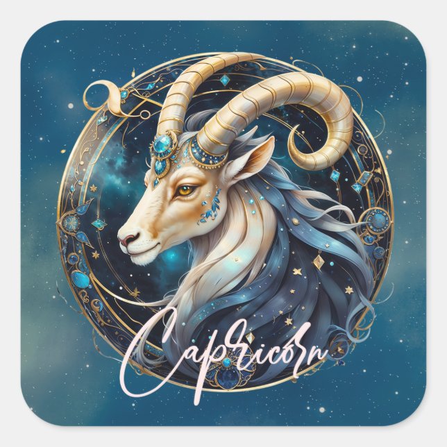Celestial Sea Goat Star Sign Black Gold Capricorn Square Sticker (Front)
