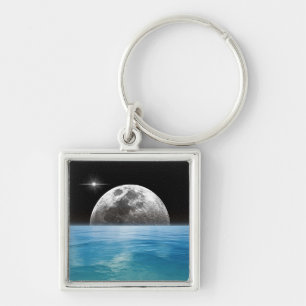 Celestial Silver Moonlit Blue Ocean Horizon Key Ring