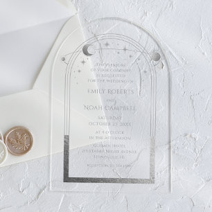 Celestial Silver Sun Moon Astronomy Wedding Acrylic Invitations