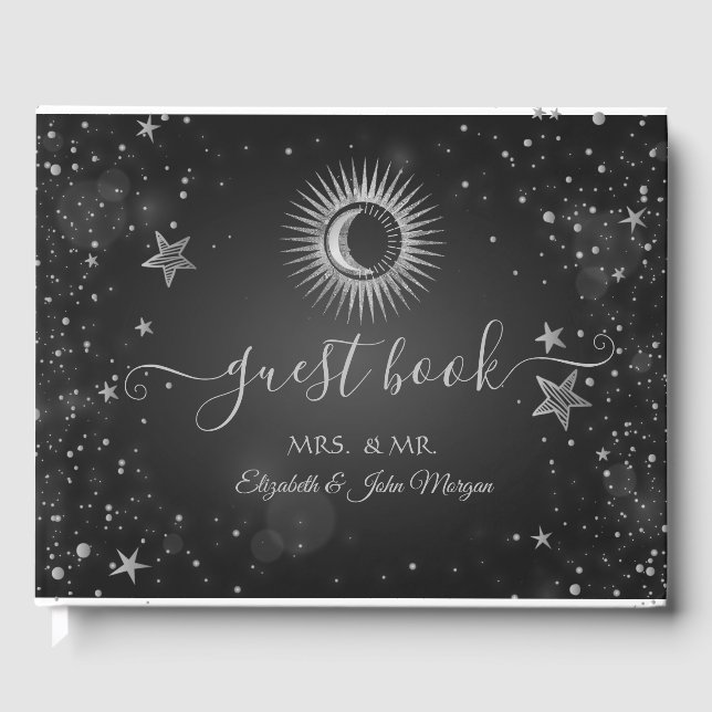 Celestial Silver Sun,Moon,Stars Dark Guest Book (Front)