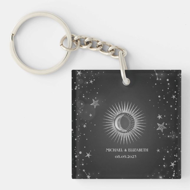 Celestial Silver Sun,Moon,Stars Dark Key Ring (Front)
