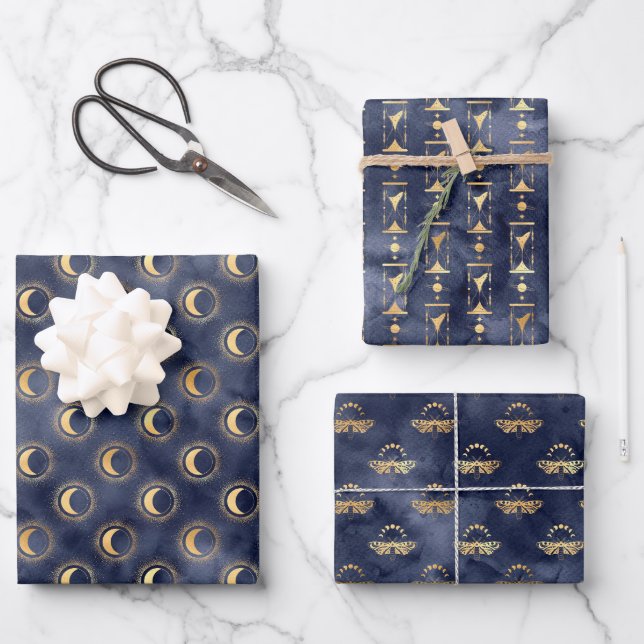 Celestial Skies Dark Navy and Gold Wrapping Paper  (Front)
