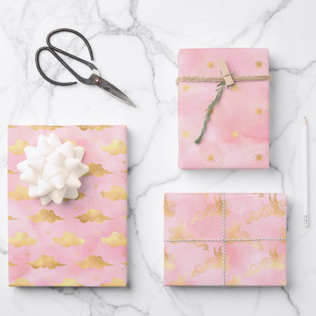 Celestial SkiesPink and Gold Wrapping Paper  (Front)