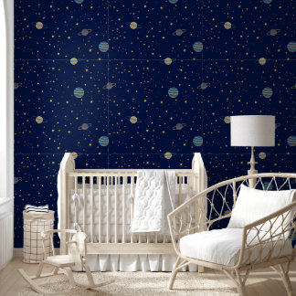 Celestial Space Stars and Planets on Blue Wallpaper