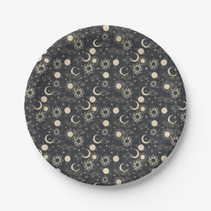 celestial space sun moon galaxy planet beige paper plate
