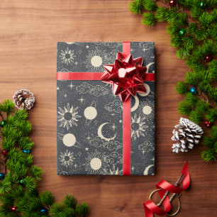 celestial space sun moon galaxy planet beige wrapping paper