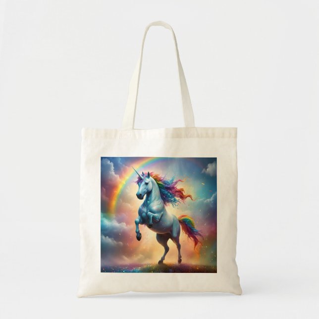 Celestial Spectrum: The Rainbow Unicorn's Arc Tote Bag (Front)