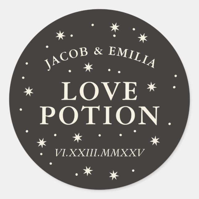 Celestial star love potion wedding cocktail favour classic round sticker (Front)