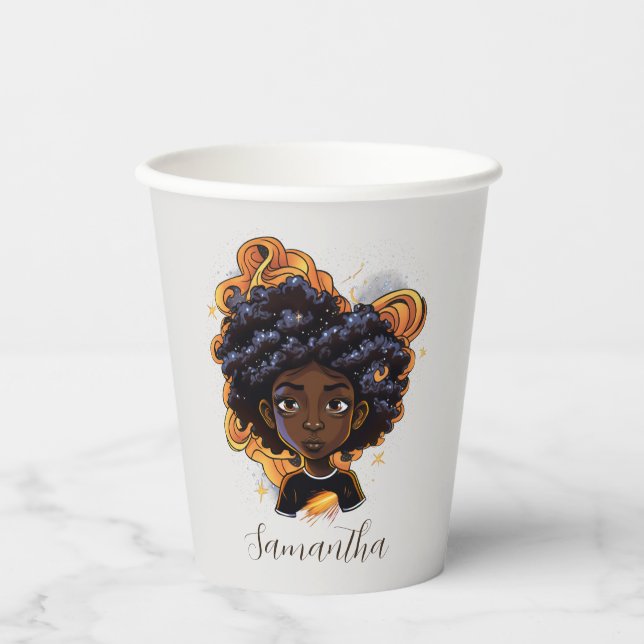 Celestial Starry Afro Woman Paper Cups (Front)