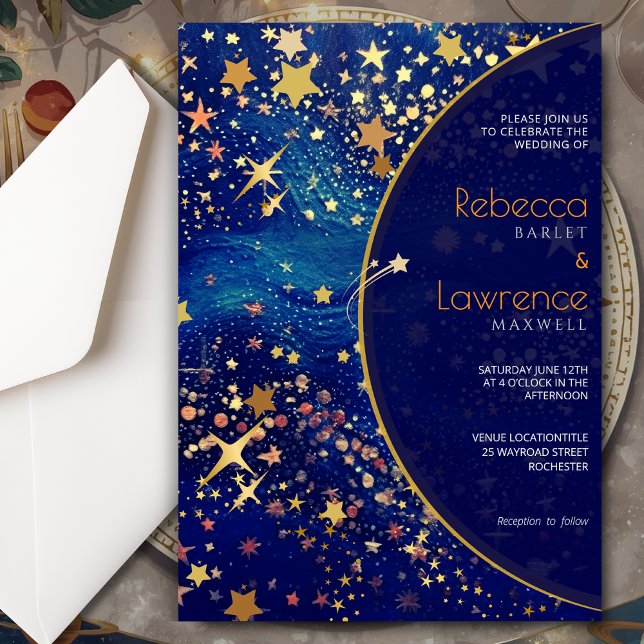 Celestial starry night blue wedding invitation (Creator Uploaded)