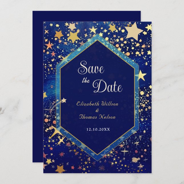 Celestial starry night blue wedding save the date (Front/Back)