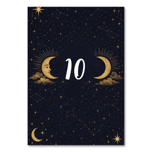 Celestial Starry Night Gold Moon Table Number (Front)
