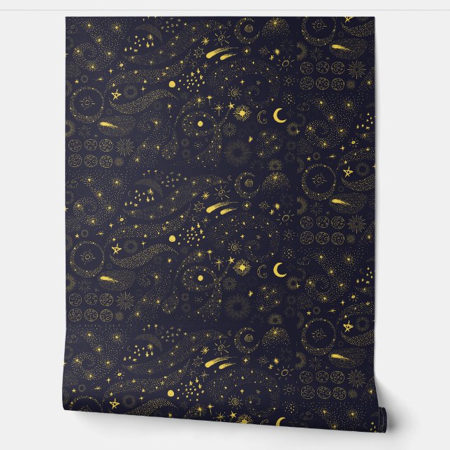 Celestial starry night moon star cute blue yellow  wallpaper (Unrolling)