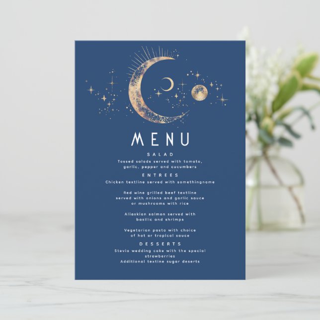 Celestial Starry Night Moon Wedding Menu Invitation (Standing Front)