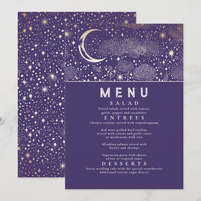 Celestial Starry Night Moon Wedding Menu Invitation (Front/Back)