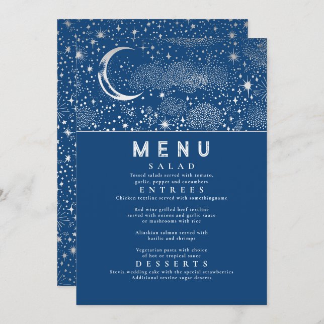 Celestial Starry Night Moon Wedding Menu Invitation (Front/Back)