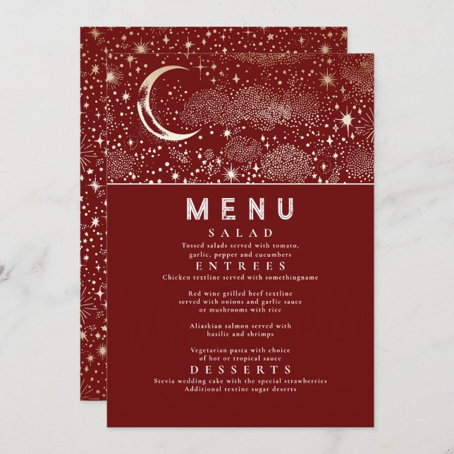 Celestial Starry Night Moon Wedding Menu Invitation (Front/Back)