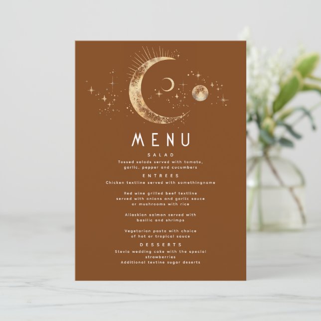 Celestial Starry Night Moon Wedding Menu Invitation (Standing Front)