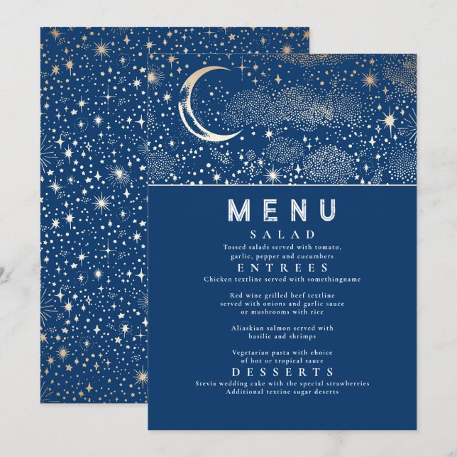 Celestial Starry Night Moon Wedding Menu Invitation (Front/Back)