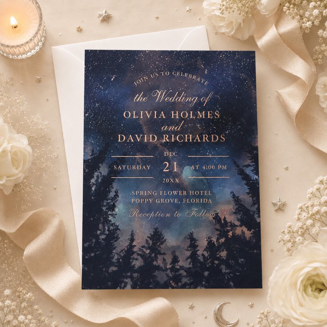 Celestial Starry Night Rose Gold Wedding  (Celestial Starry Night Rose Gold Wedding Foil Invitation on an elegant celestial wedding table)