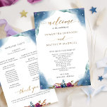 Celestial, Starry Night Watercolor Wedding Program<br><div class="desc">Elegant Wedding program with delicate watercolor stains creating a beautiful celestial scene with dainty stars. Floral element on the bottom and gold modern hand written calligraphy details throughout . Ability to make text changes and adjustments by selecting customise further. Front with wedding ceremony details, back with wedding party names and...</div>