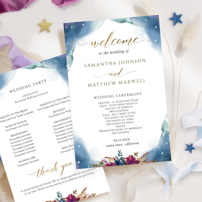 Celestial, Starry Night Watercolor Wedding Program (Creator Uploaded)
