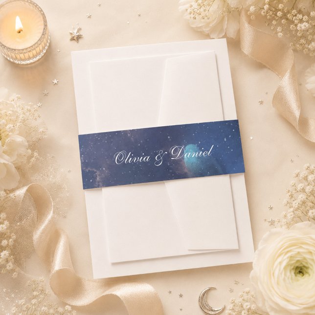 Celestial Starry Night Wedding Invitation  Belly Band (Celestial Starry Night Wedding Invitation Belly Band on a table with celestial wedding decor)
